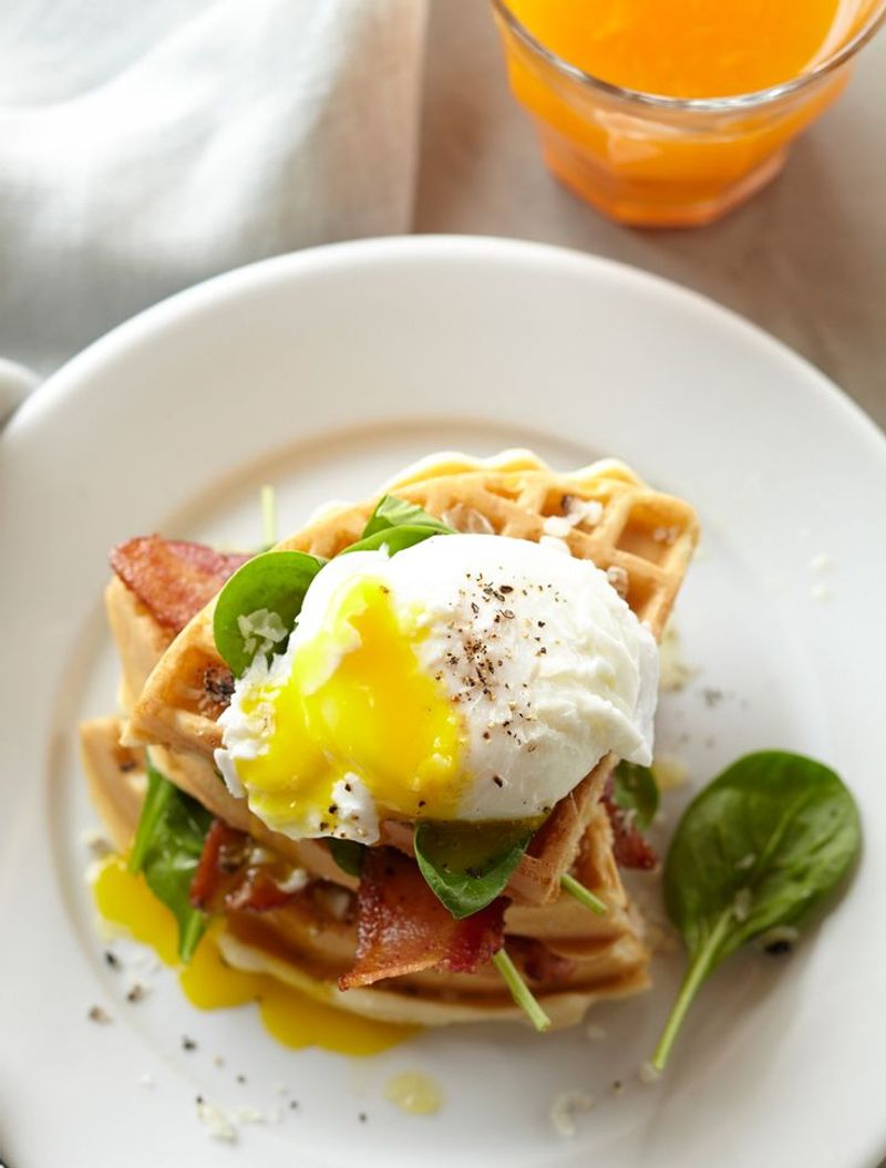 Frozen Waffle with Pesto and a Poached Egg