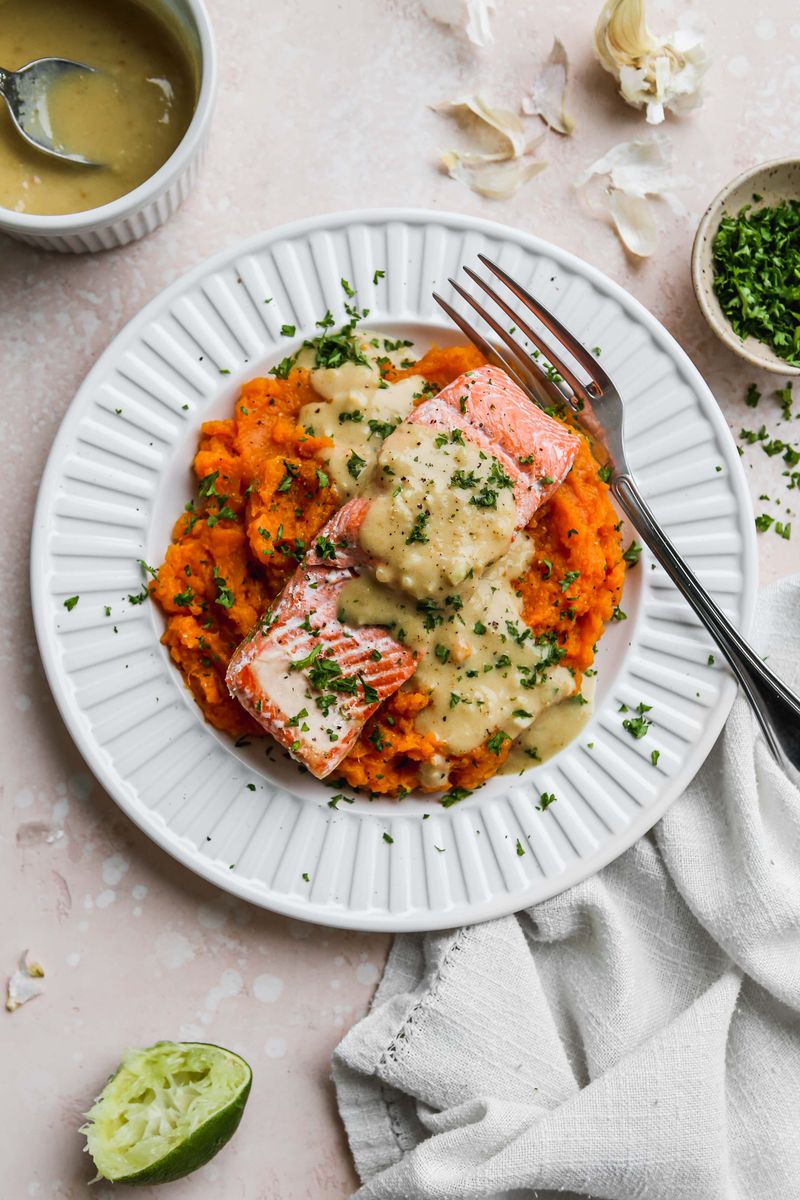 Salmon and Sweet Potato with Garlic Butter