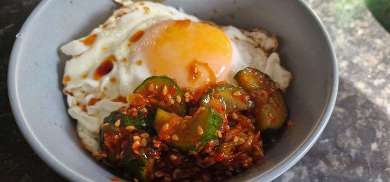Kimchi Piled on Top of Fried Eggs