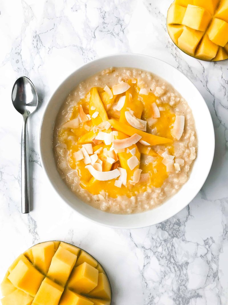 Coconut Milk Rice Pudding with a Mango Swirl