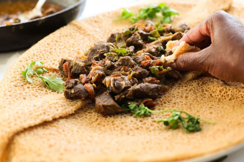 Injera with Tibs - Ethiopian Spongy Flatbread and Stir-Fry