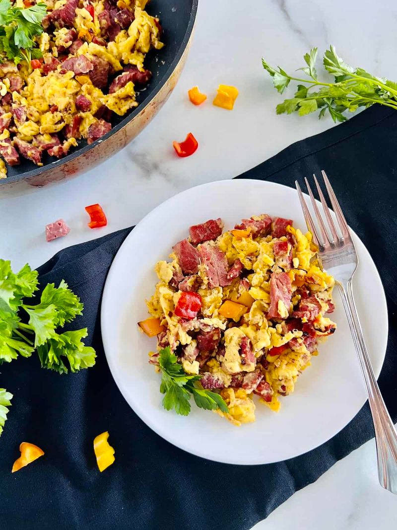 Egg Scramble With Leftover Meat and Cheese