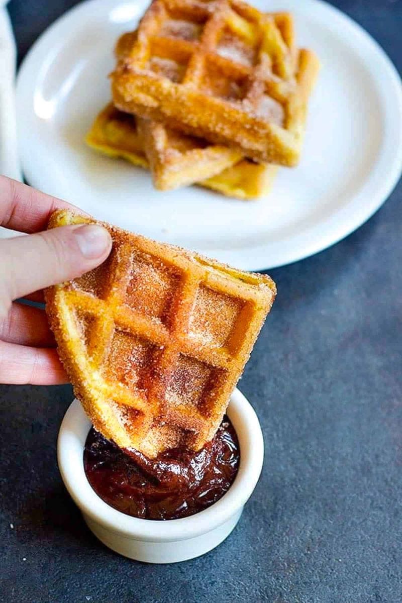 Churro Waffles with Chocolate Dipping Sauce