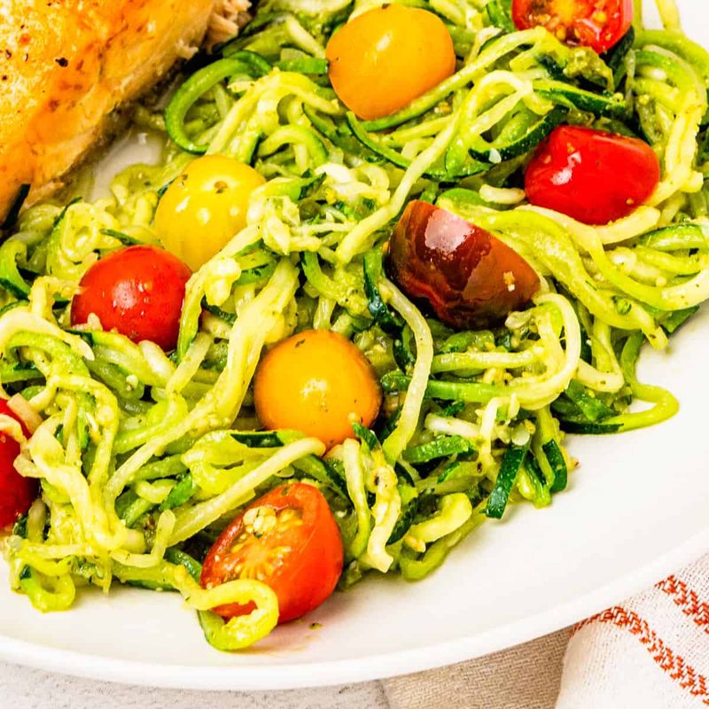 Zucchini Noodle Salad with Pesto and Cherry Tomatoes