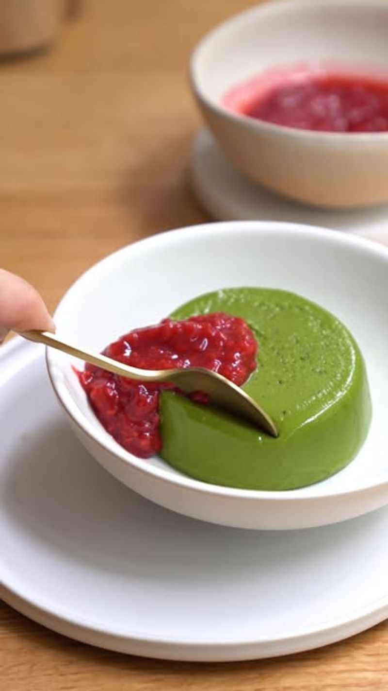 Matcha Panna Cotta with Raspberry Coulis