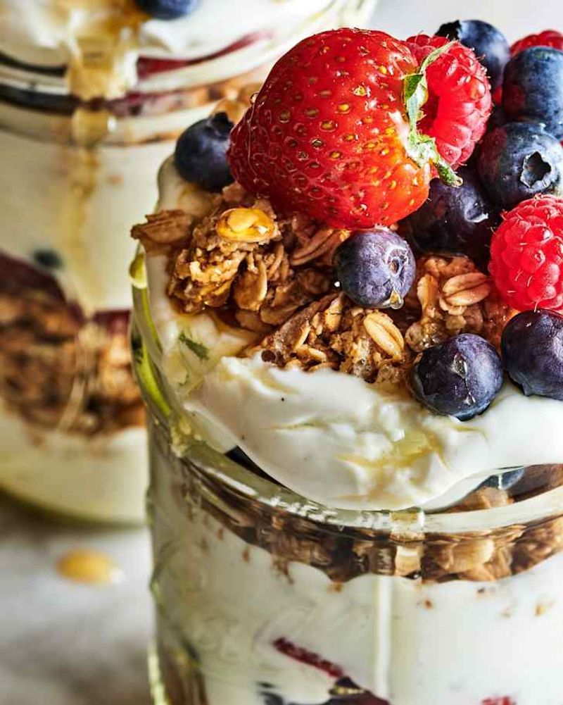 Layered Fruit Parfaits in Clear Glasses
