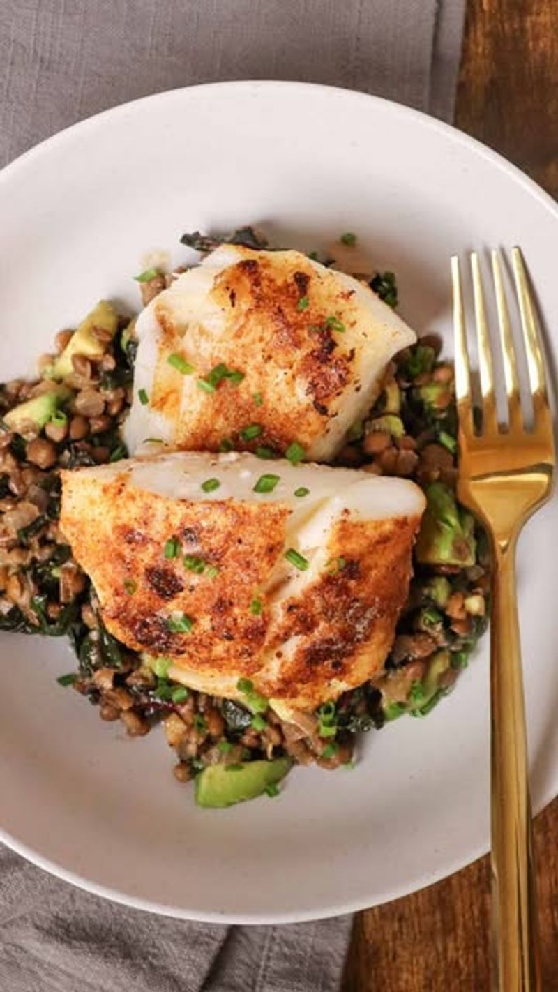 Baked Cod with Roasted Vegetables and Lentils
