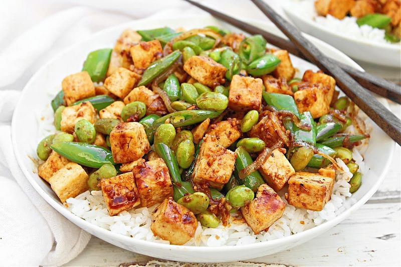 Edamame and Tofu Stir-Fry Over Rice