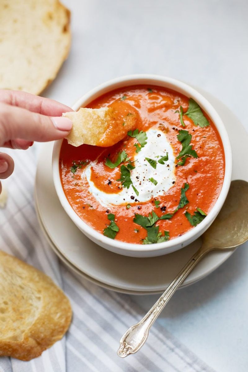 Roasted Red Pepper and Tomato Soup with Grilled Bread