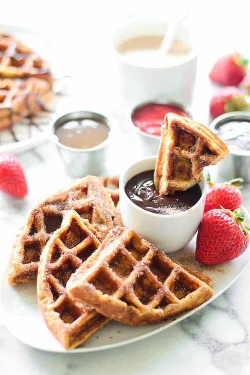 Churro Waffles with Cinnamon Sugar and Chocolate Dip