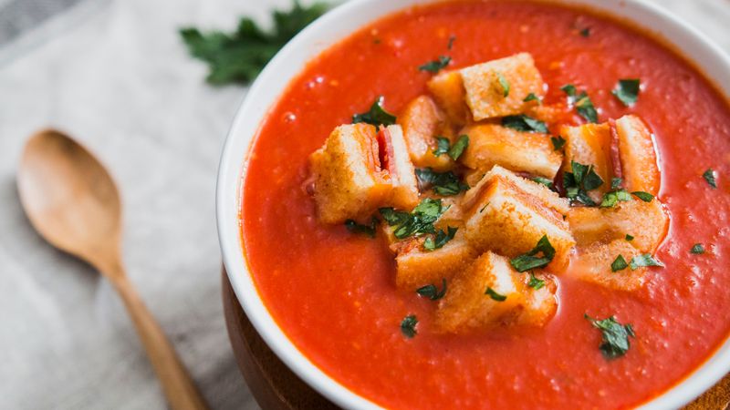 Roasted Tomato Soup with Grilled Cheese Croutons
