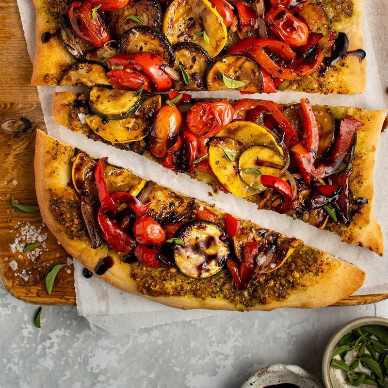 Pesto Flatbread Pizza With Roasted Vegetables
