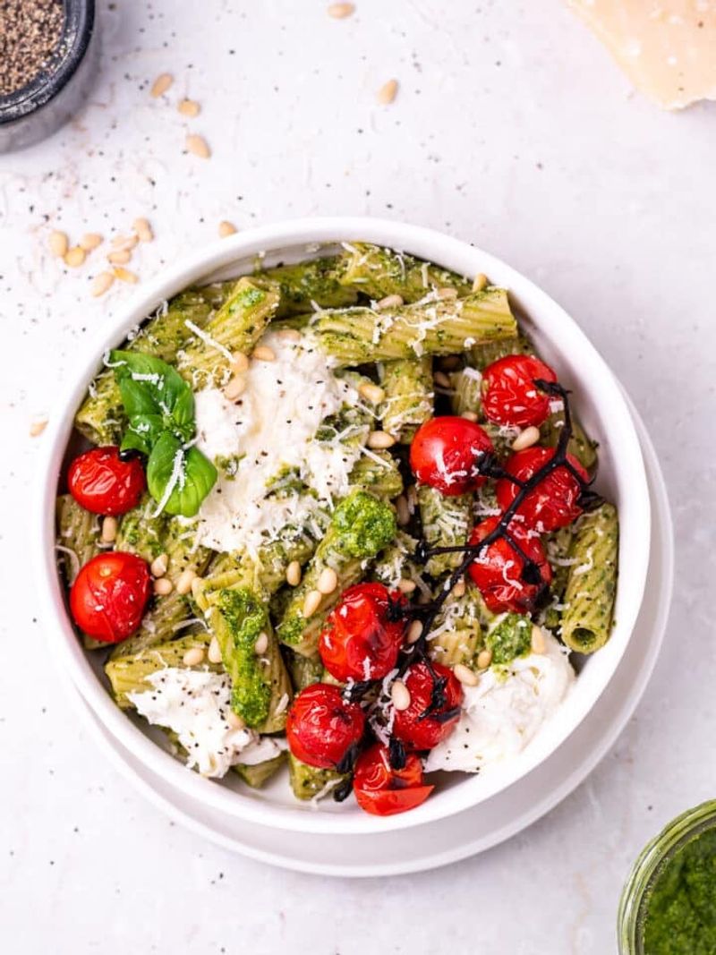 Pesto Pasta with Sun-Dried Tomatoes and Burrata