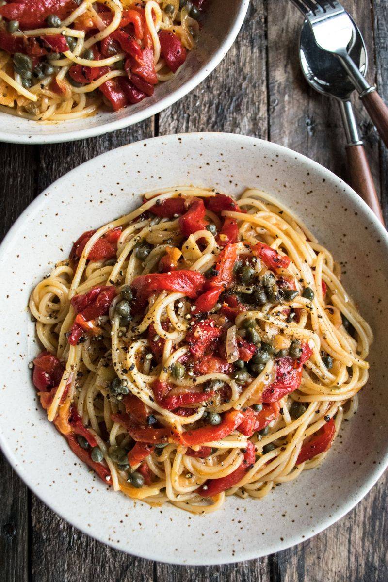 Roasted Red Pepper Pasta with Capers and Olives