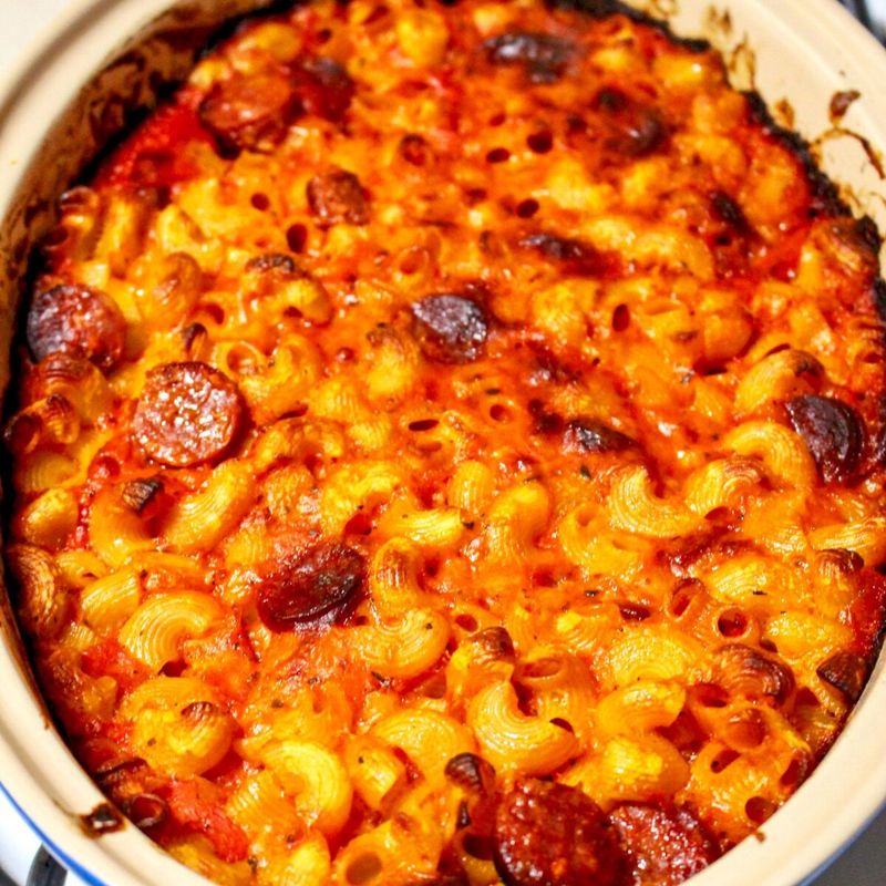 Chorizo and Roasted Pepper Pasta Bake