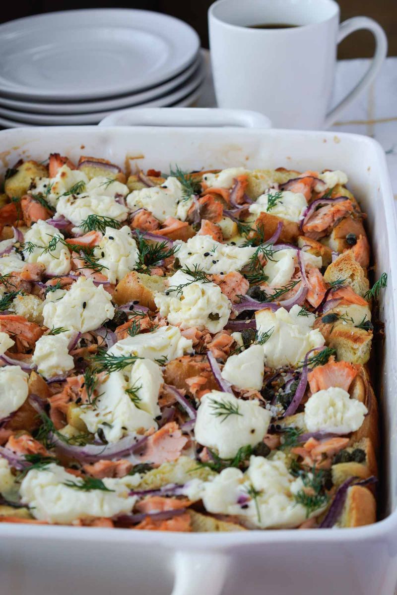 Smoked Salmon and Cream Cheese Bagel Bake