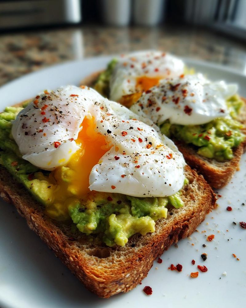 Avocado and Poached Egg on Sourdough with Chili Flakes