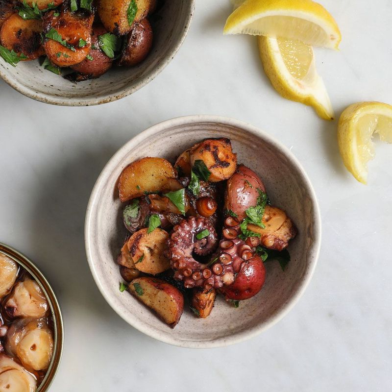 Octopus in Olive Oil with Smashed Potatoes
