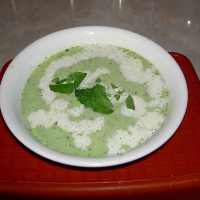 Pea and Mint Soup with Greek Yogurt Swirl