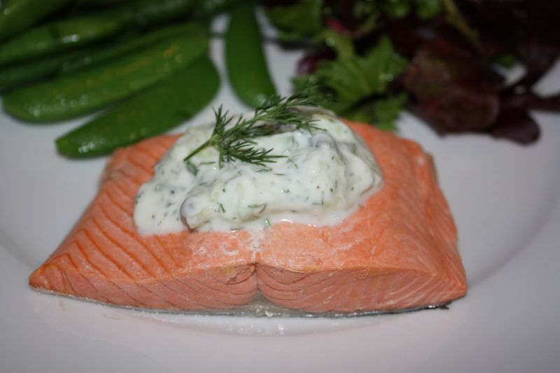 Poached Salmon with Cucumber Dill Sauce