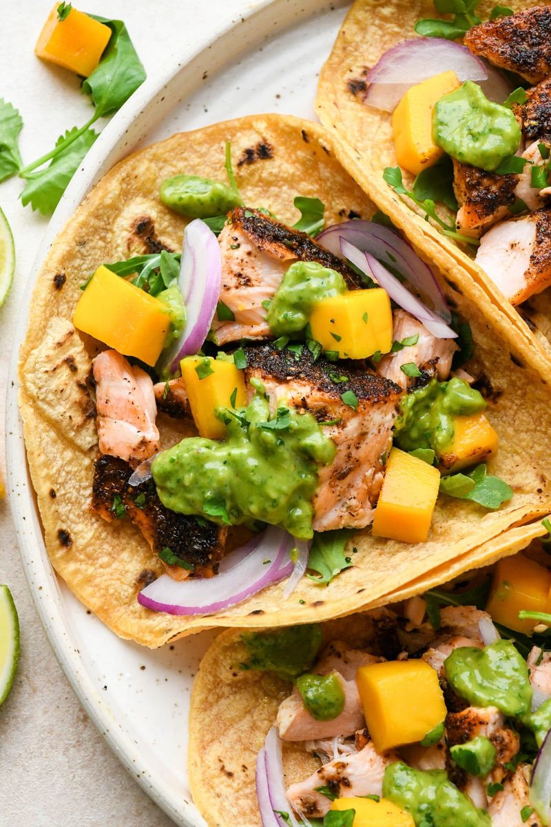 Blackened Salmon Tacos with Mango
