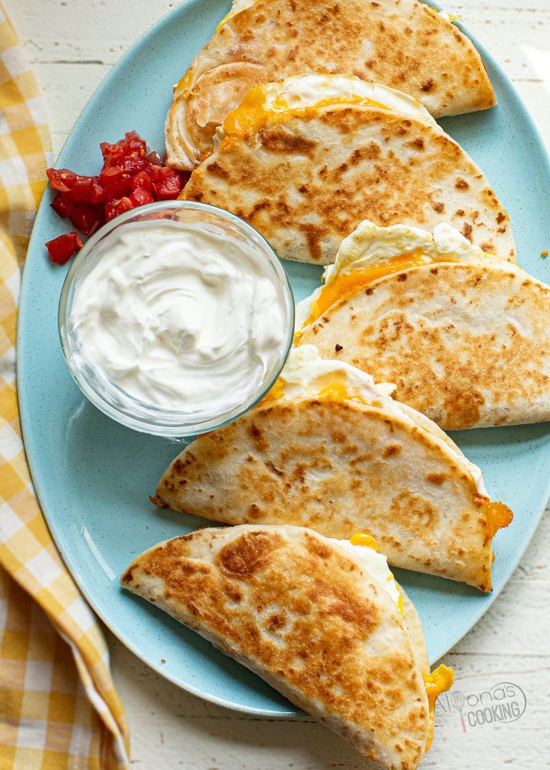 Egg and Cheese Quesadilla with Hot Sauce