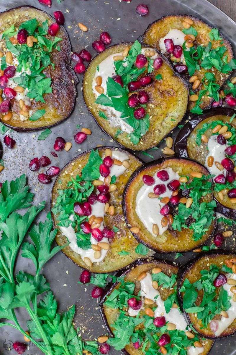 Roasted Eggplant with Pomegranate and Mint