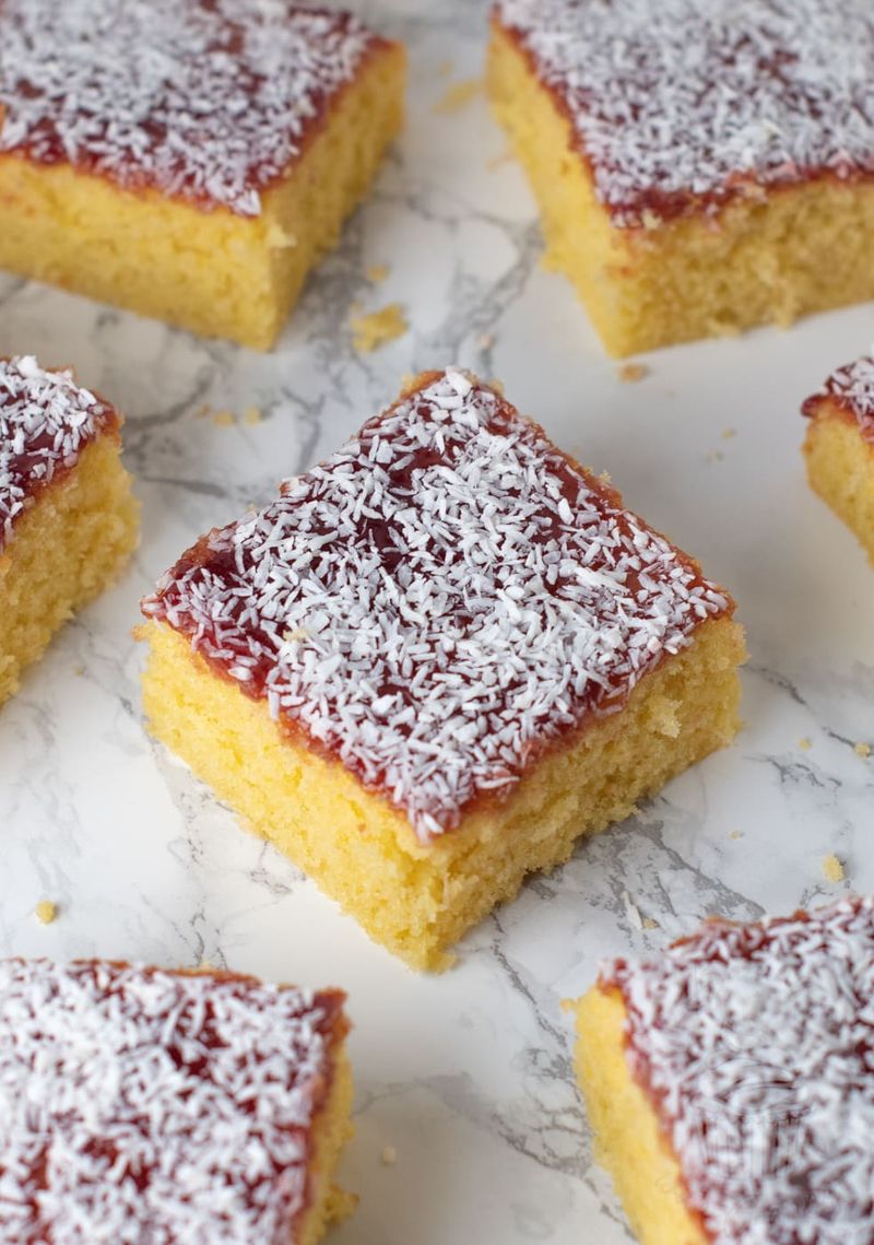 Jam and Coconut Sponge Squares