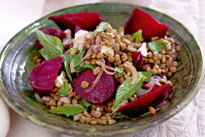 Roasted Beet, Lentil, and Goat Cheese Traybake