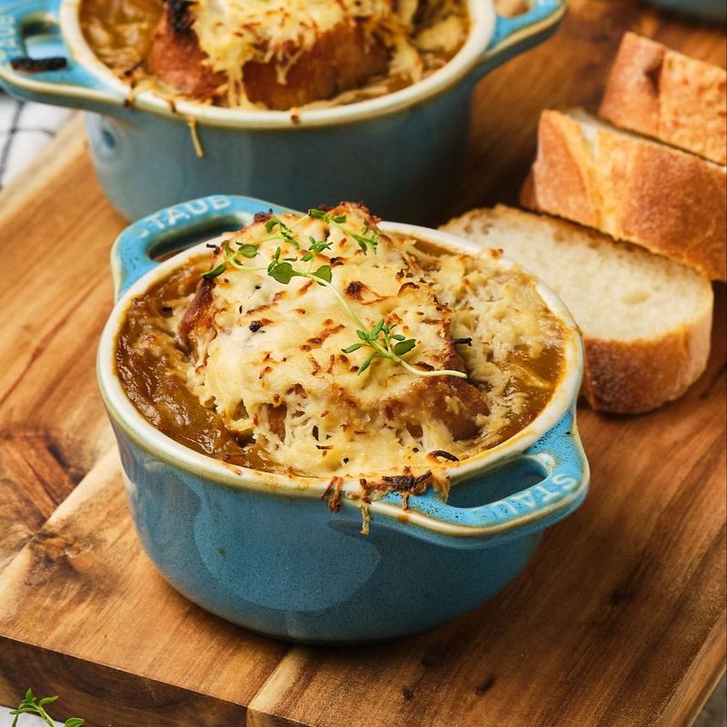 Leftover Soup-Dunked Bread with Gruyere Fondue Style