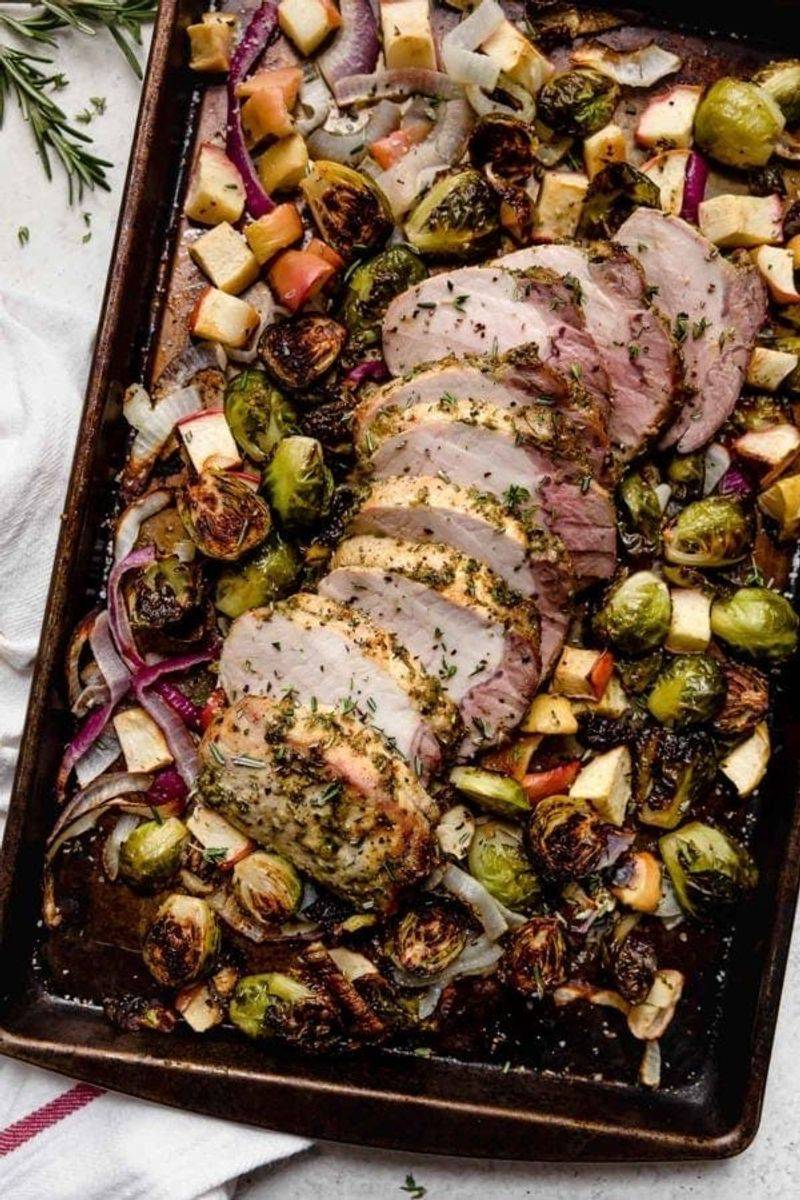 Honey Mustard Pork Tenderloin With Brussels Sprouts and Apples
