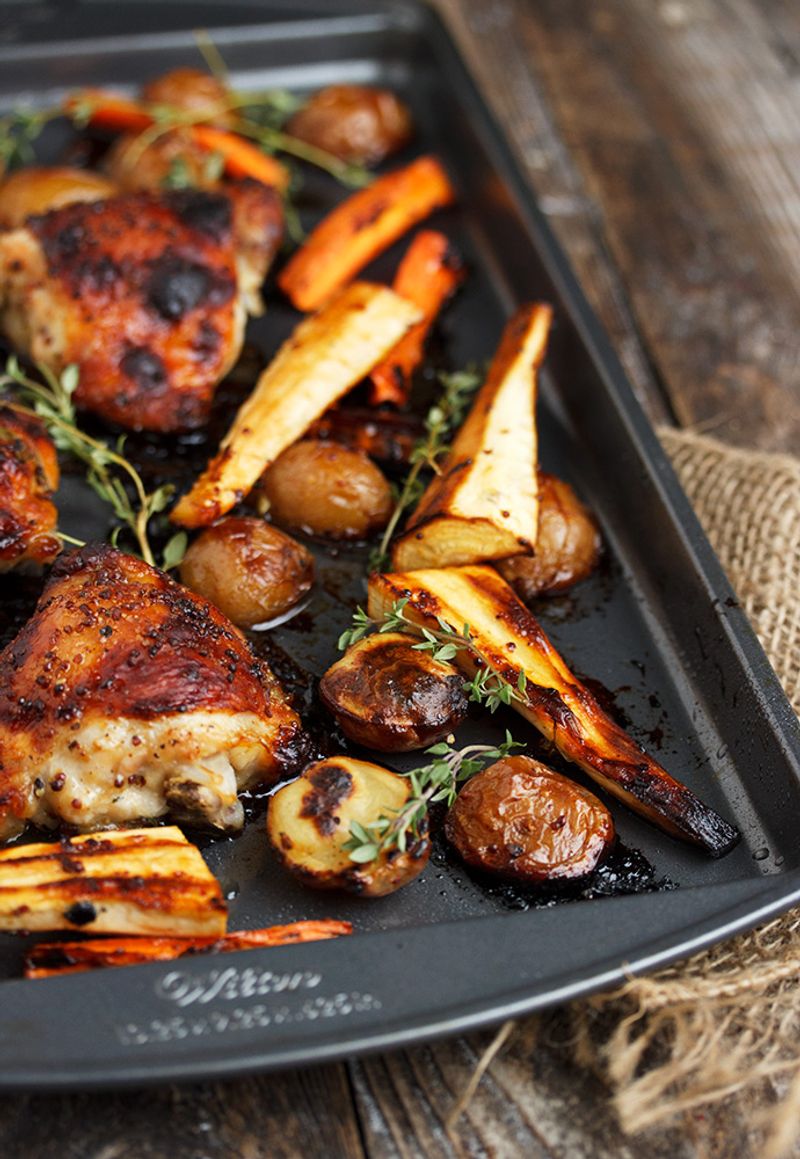 Maple Mustard Chicken with Roasted Parsnips and Thyme