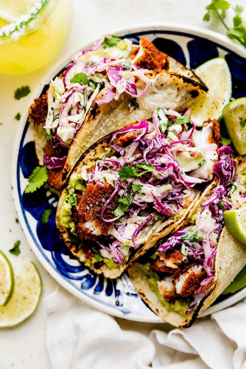 Crispy Fish Tacos with Purple Slaw