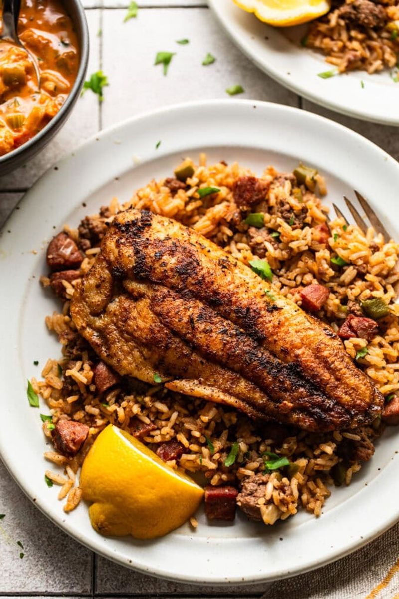 Cajun Blackened Catfish with Dirty Rice