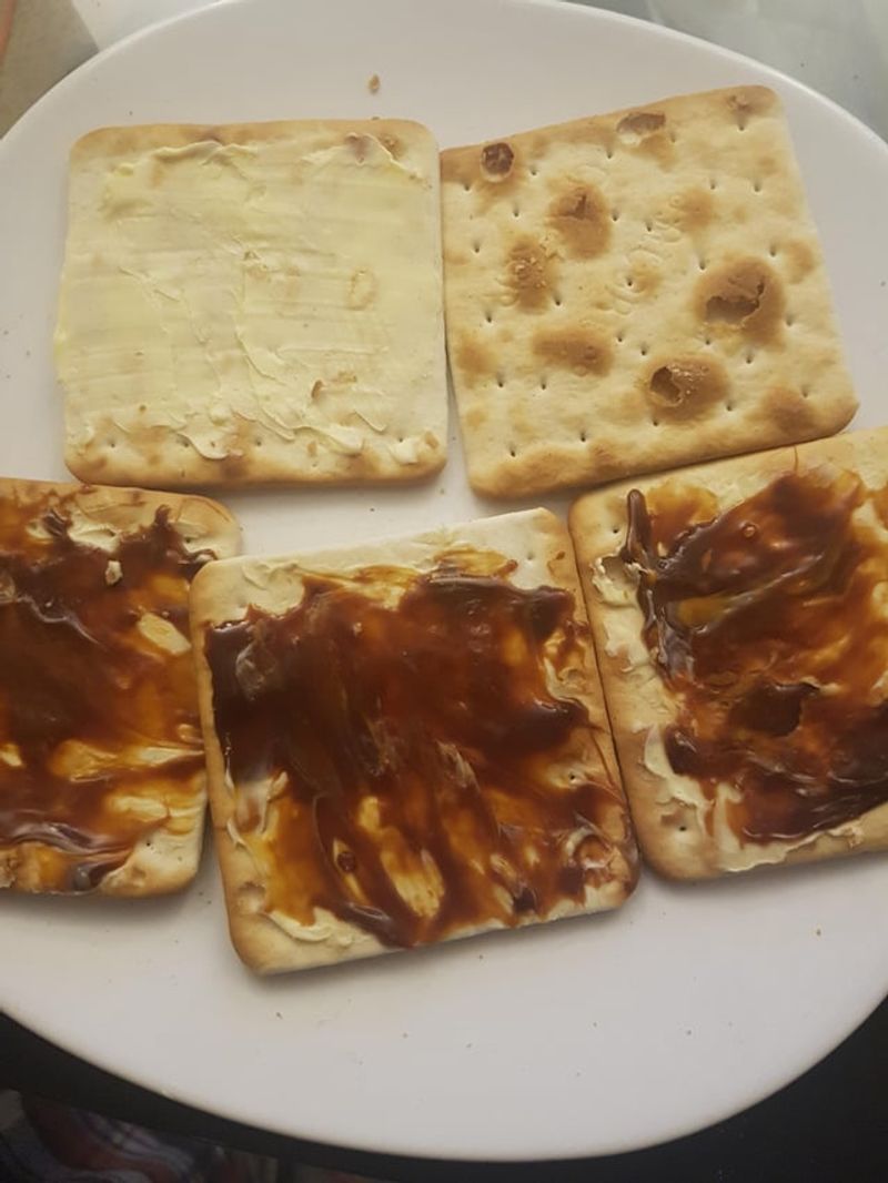 Marmite Peanut Butter on Crackers