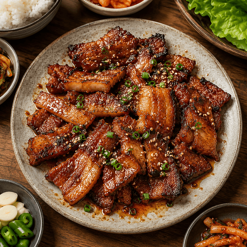 Kimchi Pork Belly With Cabbage and Sesame Green Beans