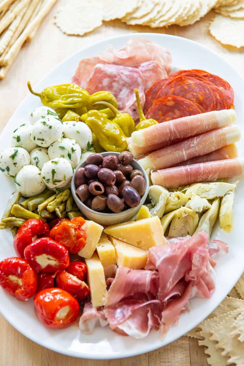 Antipasto Plate with Olives, Meats, and Pickles
