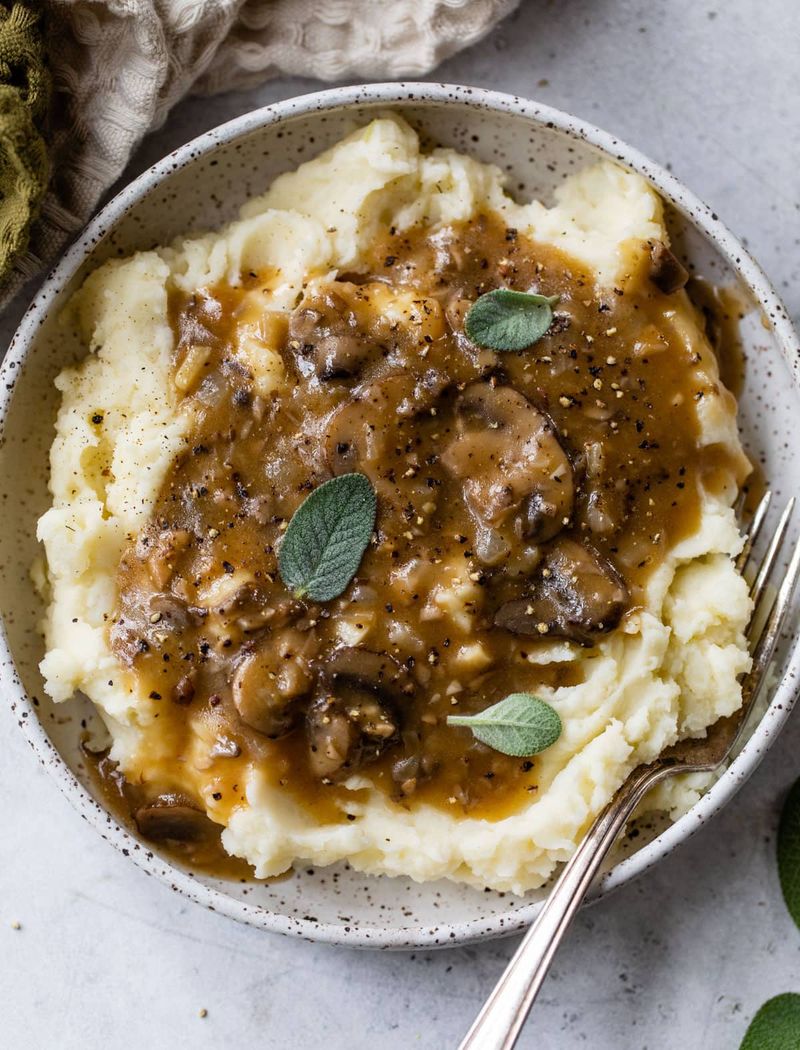 Mushroom Gravy Over Mashed Potatoes