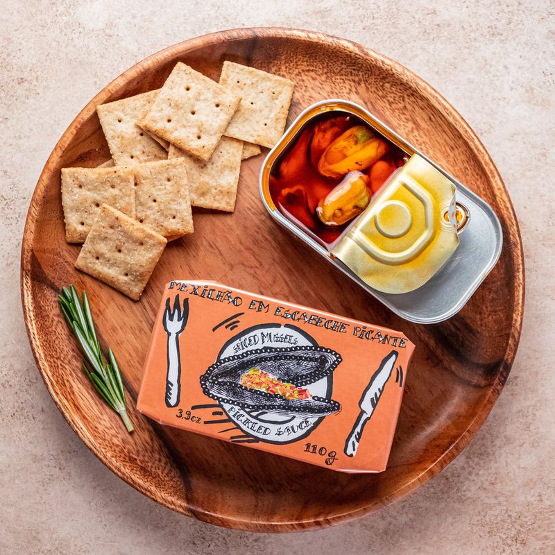Mussels in Escabeche on Crackers with Herb Oil