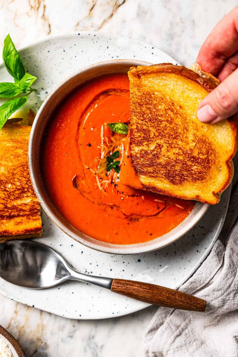 Classic Tomato And Basil Soup With Grilled Cheese