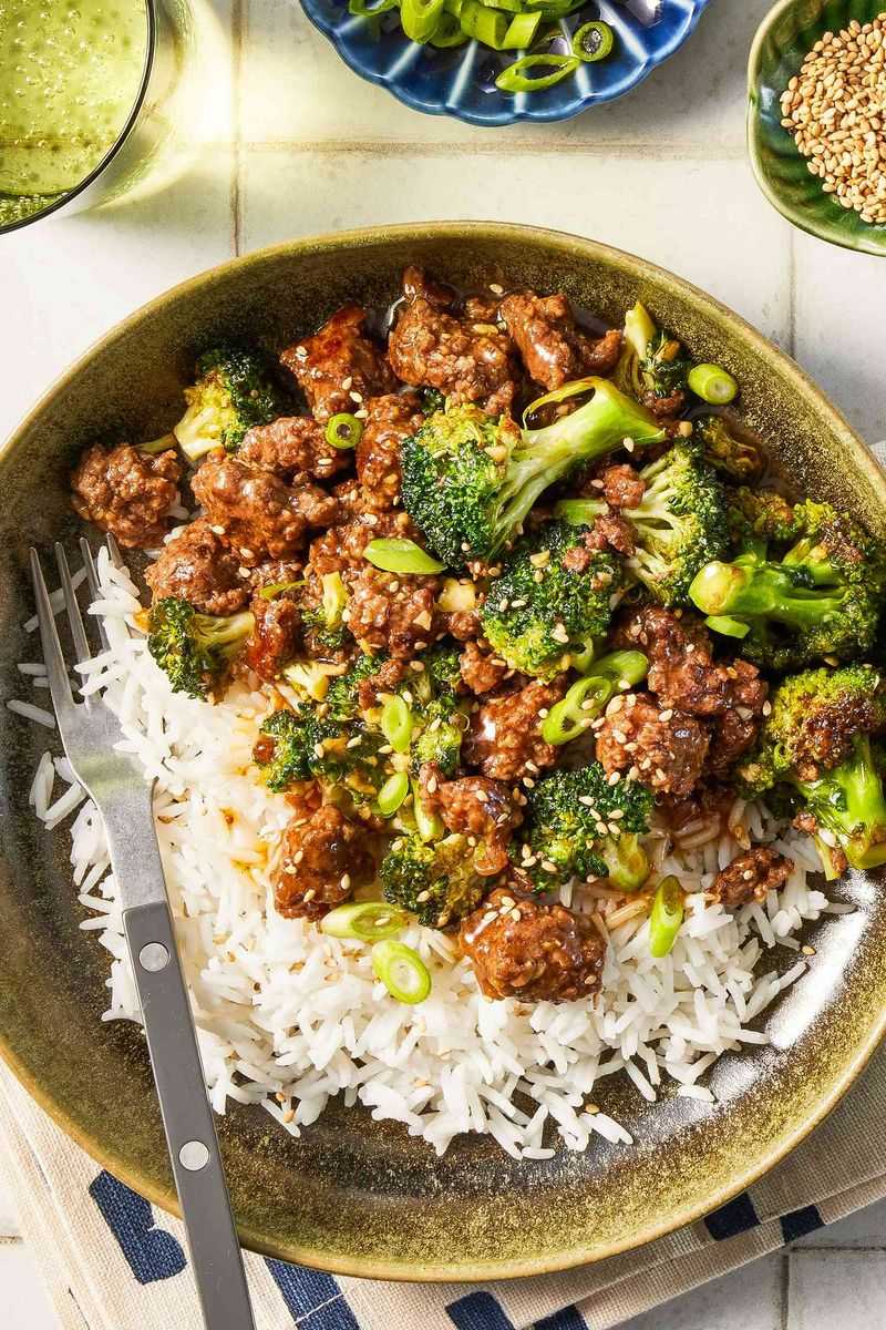 Soy-Glazed Ground Beef And Broccoli Over Jasmine Rice