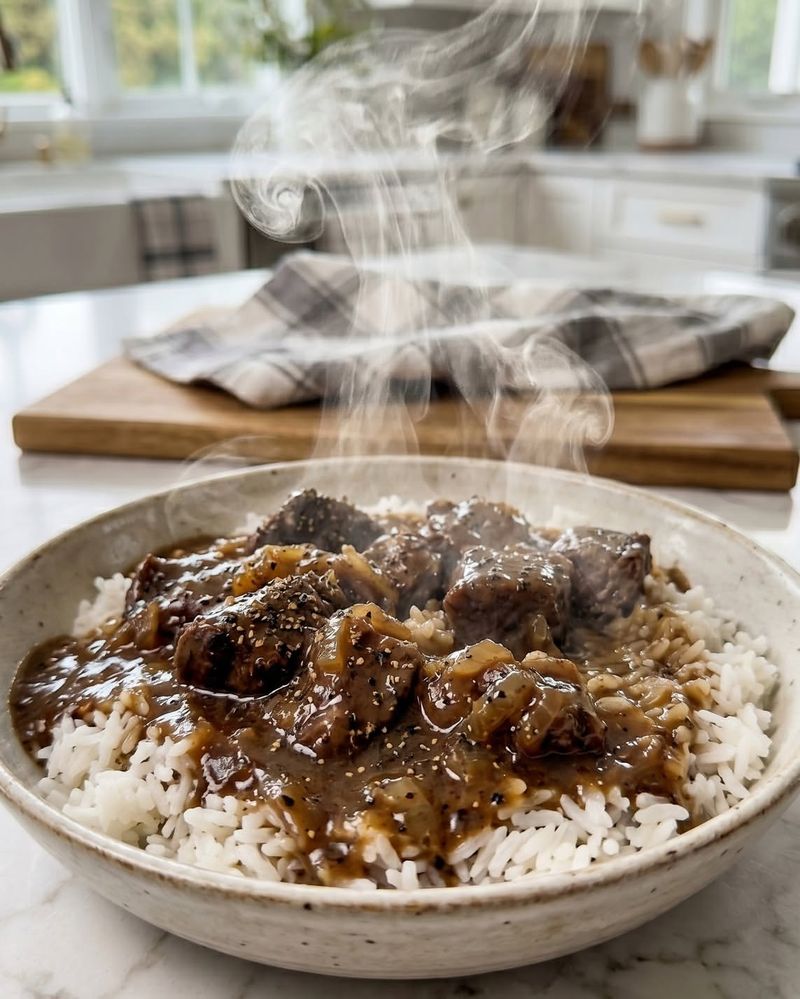 Beef Tips and Rice with Brown Gravy
