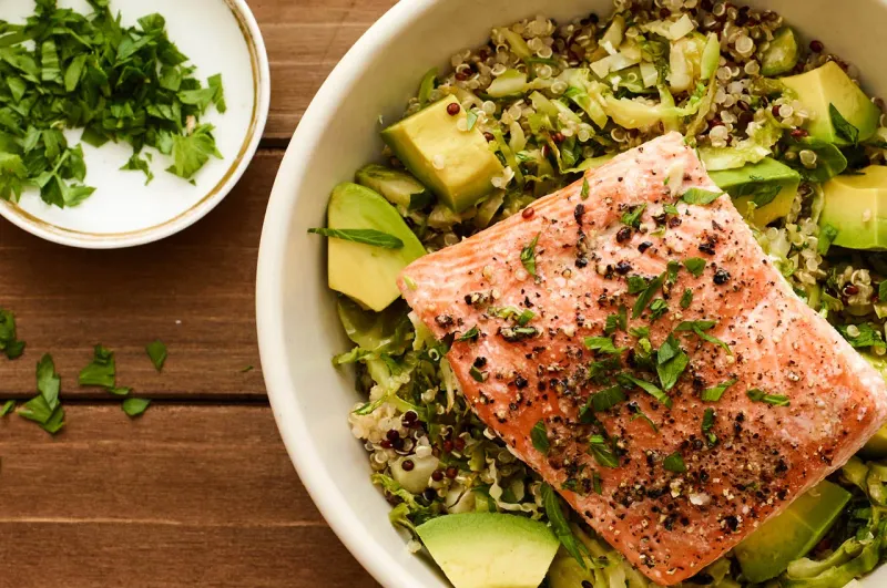 Salmon and Avocado Mediterranean Power Bowl