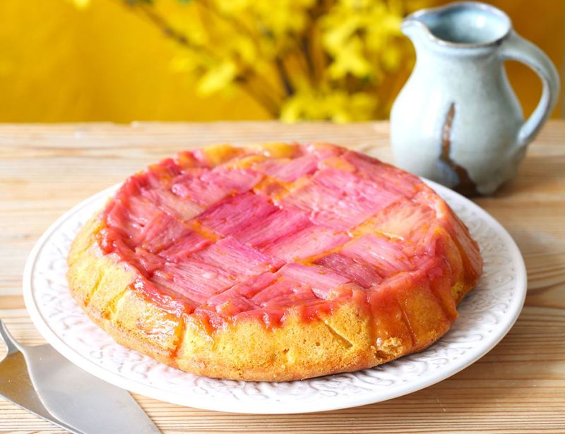 Upside-Down Rhubarb Custard Cake