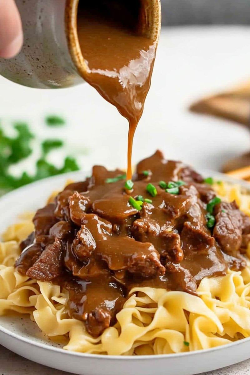 Steak Tips and Egg Noodles in a Tangy Mushroom Gravy
