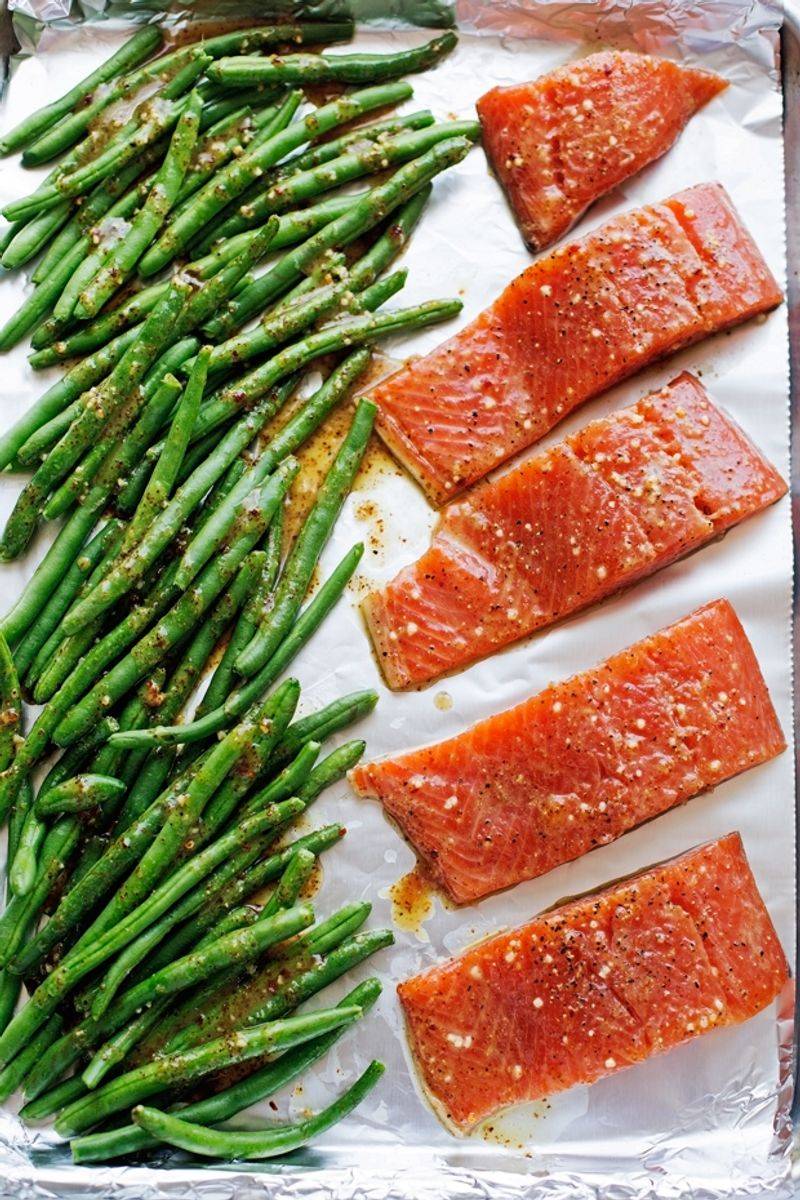 Honey Mustard Salmon Fillet Roasted With Green Beans On One Pan
