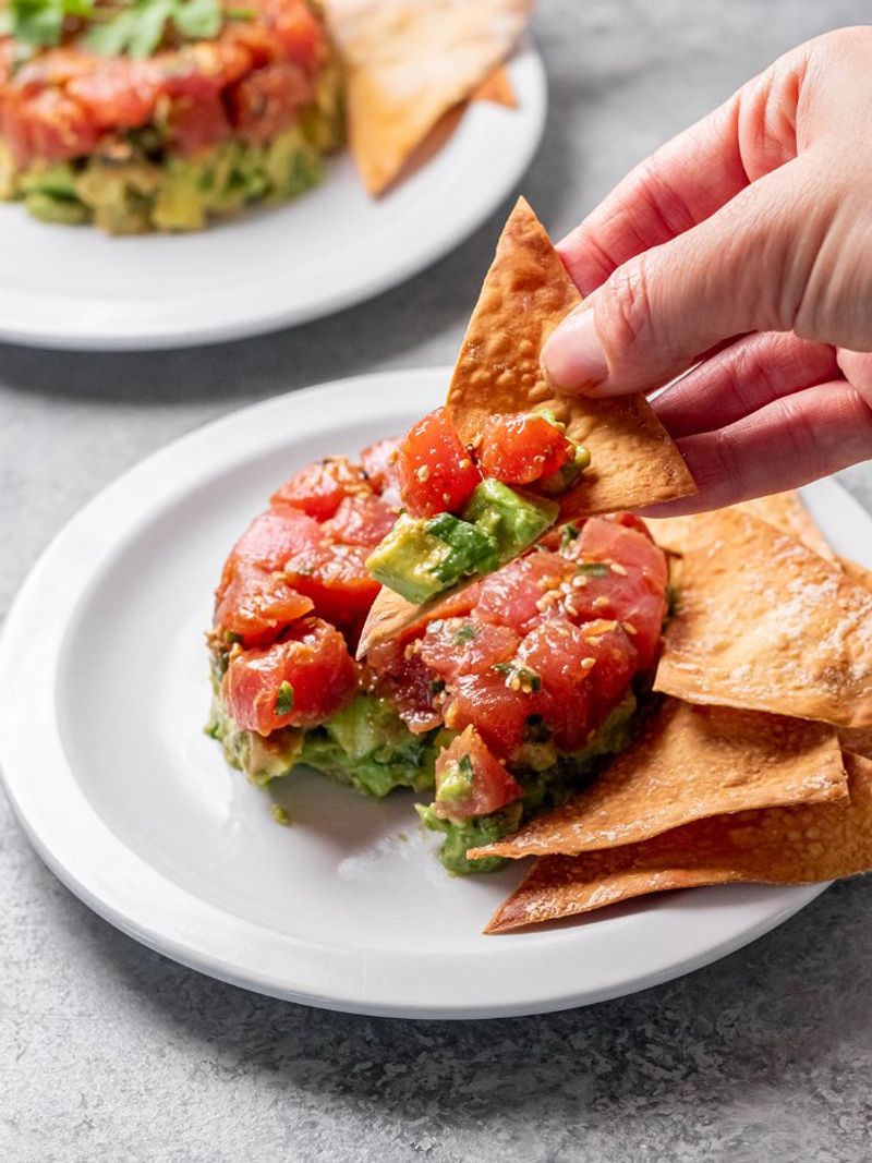 Tinned Tuna Tartare with Avocado and Sesame Wonton Crisps