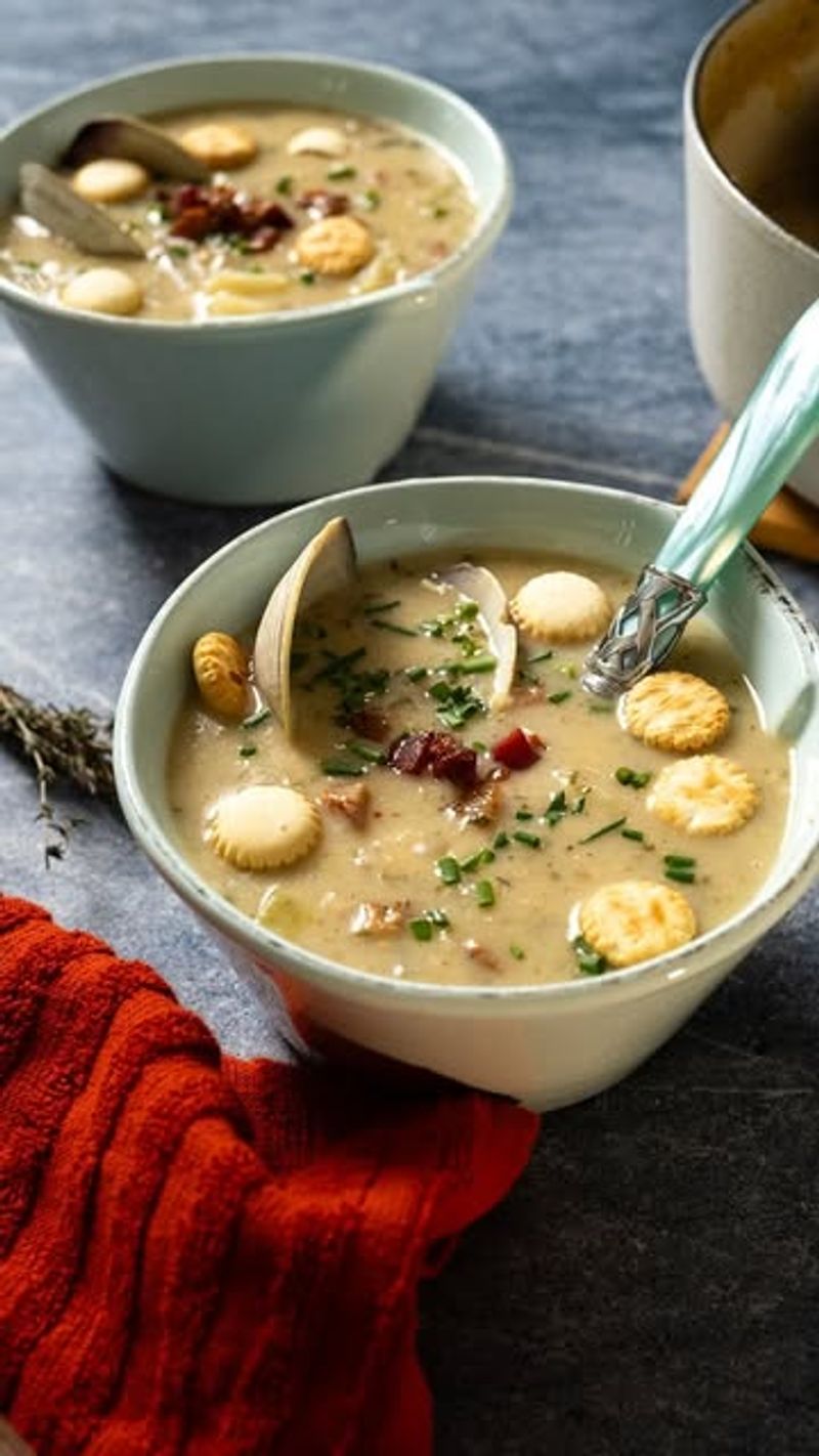 Clam Chowder Toasts with Crispy Bacon Bits