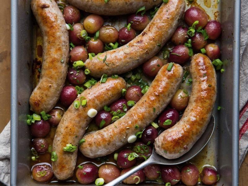 Sheet Pan Sausages with Roasted Grapes and Mustard