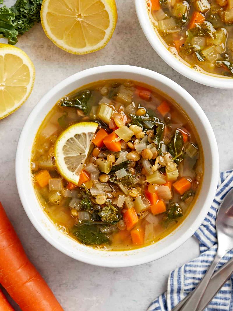 Mediterranean Lentil Soup with Lemon and Spinach
